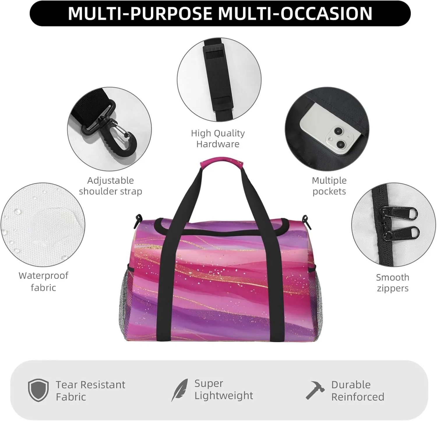 Gold Pink Purple Marble Duffle Bag Foldable Travel Tote Bag Carry On Large Weekender Overnight Bags Waterproof Gym Bag For Women Men