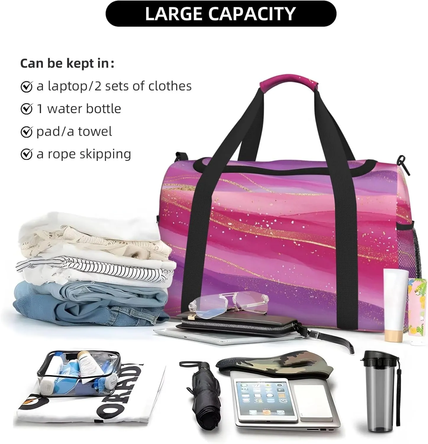 Gold Pink Purple Marble Duffle Bag Foldable Travel Tote Bag Carry On Large Weekender Overnight Bags Waterproof Gym Bag For Women Men