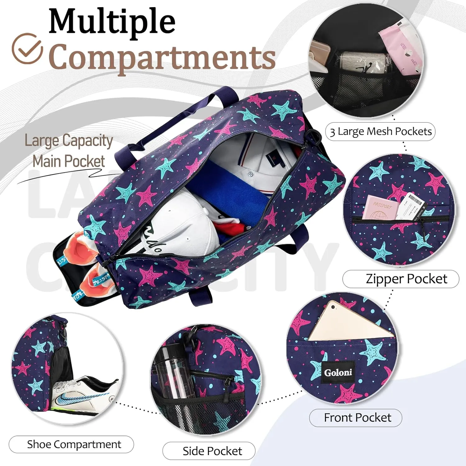 Goloni Cute Duffle Bag for Women, Gym Bag with Shoe Compartment, Lightweight Weekend Travel Duffel Bag,Overnight Bag with Wet Pocket