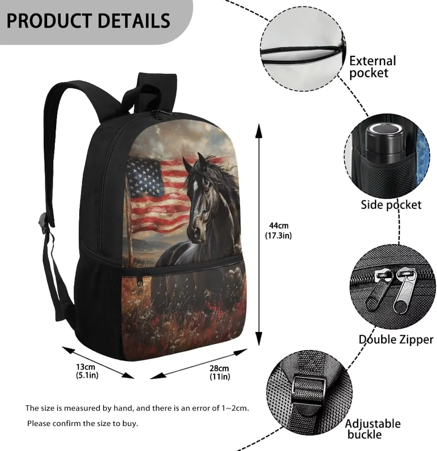 Gomyblomy American Flag Horse Backpack for Girls 10-12 12-14 Elementary Middle School Backpack for Boys 17 Inch Large Capacity Teens Bookbag with Adjustable Strap
