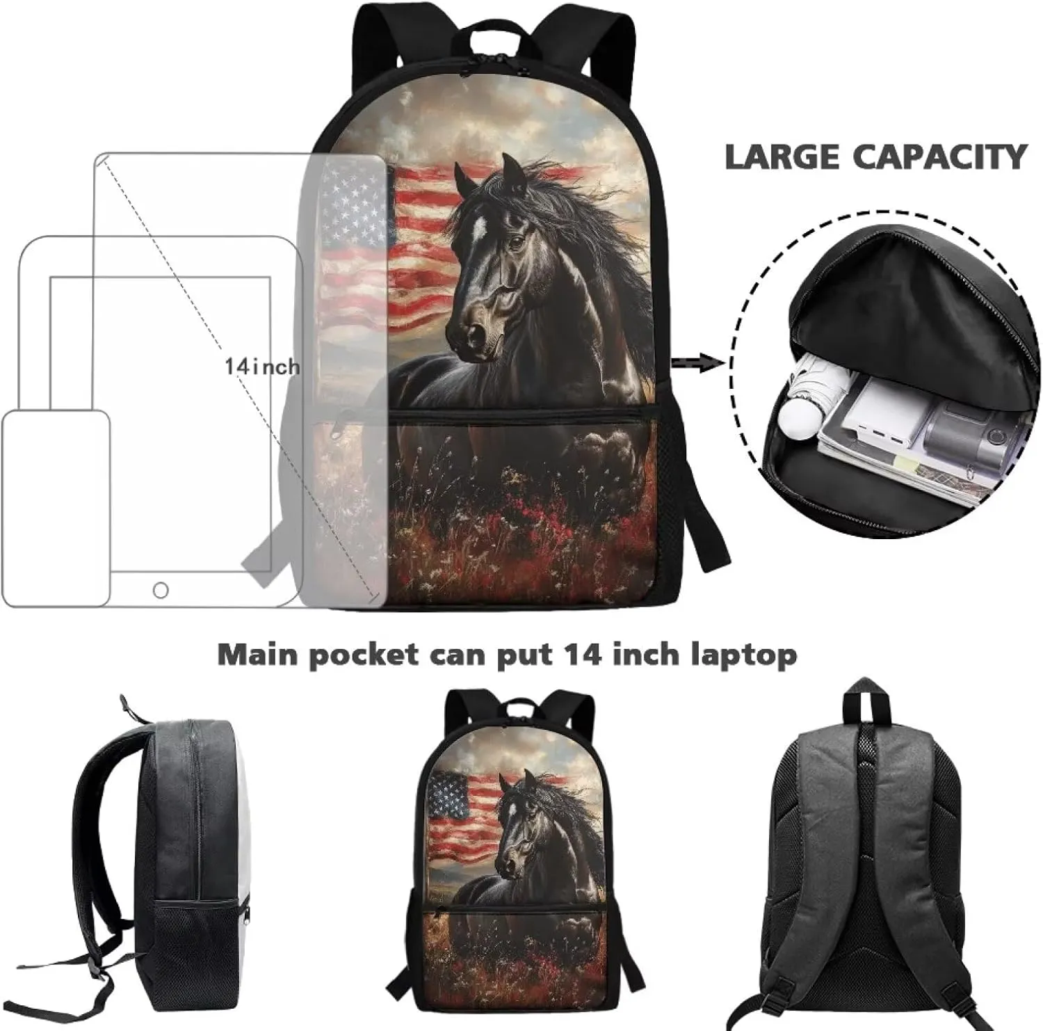 Gomyblomy American Flag Horse Backpack for Girls 10-12 12-14 Elementary Middle School Backpack for Boys 17 Inch Large Capacity Teens Bookbag with Adjustable Strap