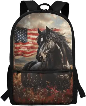 Gomyblomy American Flag Horse Backpack for Girls 10-12 12-14 Elementary Middle School Backpack for Boys 17 Inch Large Capacity Teens Bookbag with Adjustable Strap