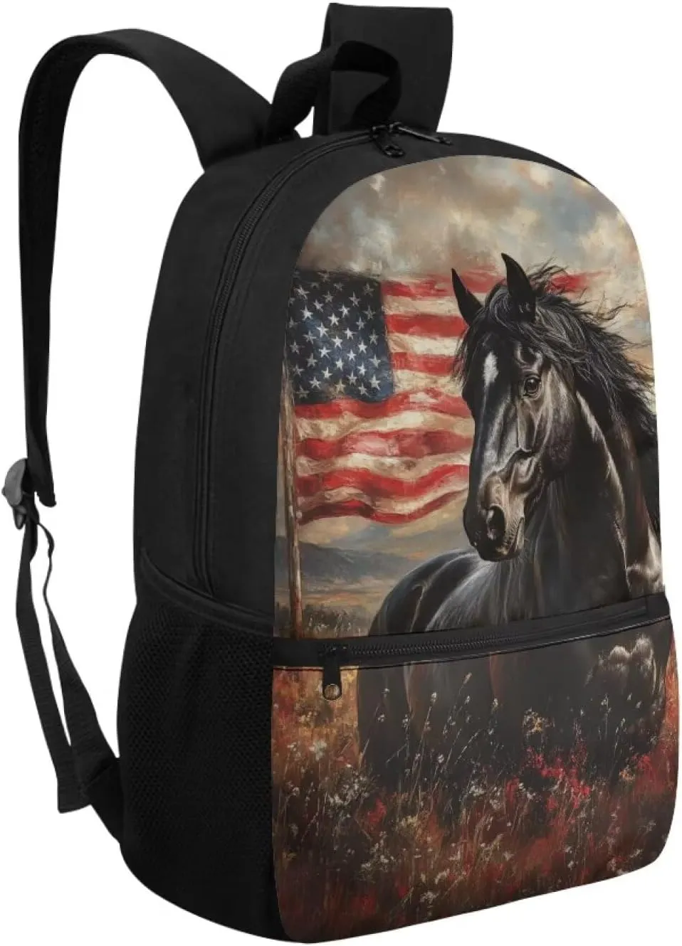 Gomyblomy American Flag Horse Backpack for Girls 10-12 12-14 Elementary Middle School Backpack for Boys 17 Inch Large Capacity Teens Bookbag with Adjustable Strap