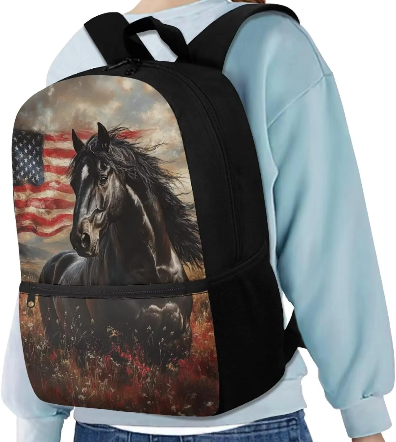 Gomyblomy American Flag Horse Backpack for Girls 10-12 12-14 Elementary Middle School Backpack for Boys 17 Inch Large Capacity Teens Bookbag with Adjustable Strap