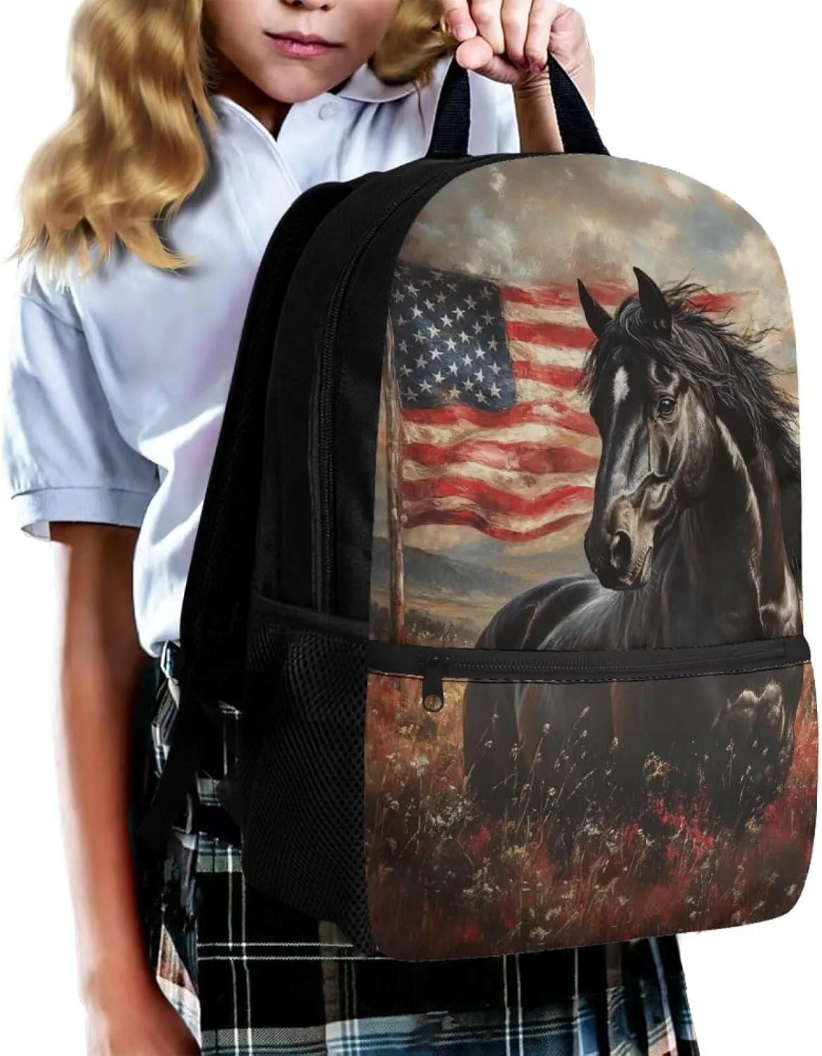 Gomyblomy American Flag Horse Backpack for Girls 10-12 12-14 Elementary Middle School Backpack for Boys 17 Inch Large Capacity Teens Bookbag with Adjustable Strap