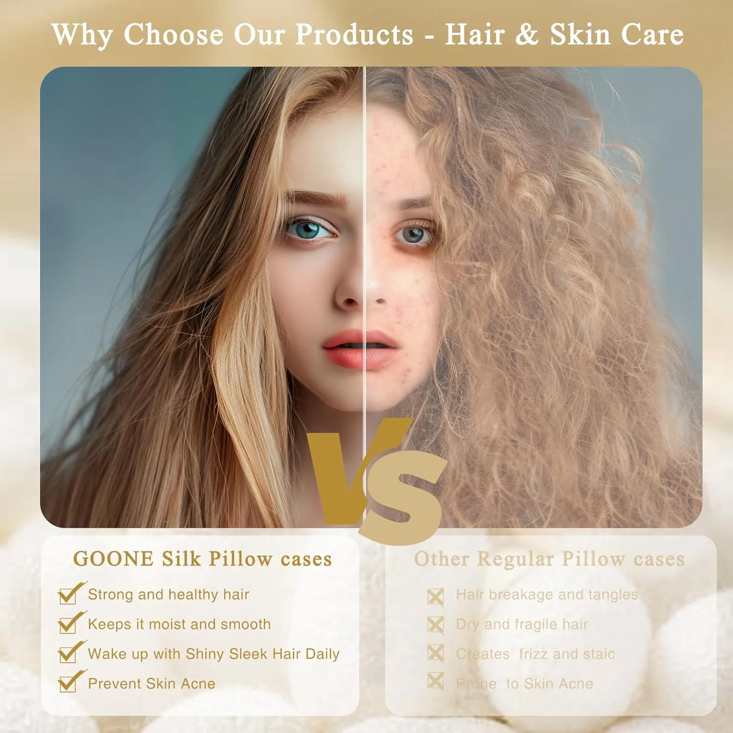 GOONE Silk Pillow Cases King Set of 2 - Pure Mulberry Silk - 22 Momme 6A High-Grade Fibers, 2 Packs Soft Natural King Size Pillow Cases for Hair and Skin with Envelope Closure (Beige, 20 x 40 Inches)