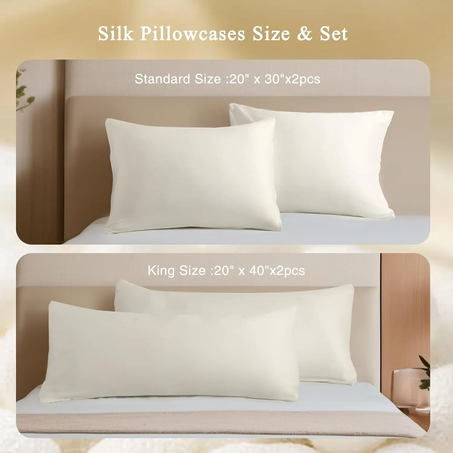 GOONE Silk Pillow Cases King Set of 2 - Pure Mulberry Silk - 22 Momme 6A High-Grade Fibers, 2 Packs Soft Natural King Size Pillow Cases for Hair and Skin with Envelope Closure (Beige, 20 x 40 Inches)