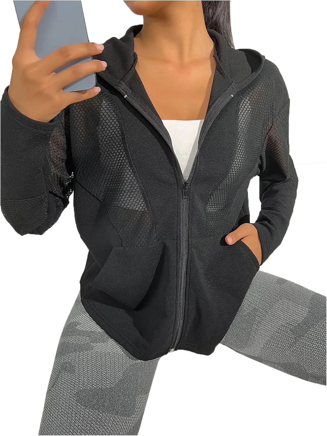 GORGLITTER Women's Zip Up Athletic Hoodies Fishnet Gym Jacket Mesh Lightweight Workout Track Jackets