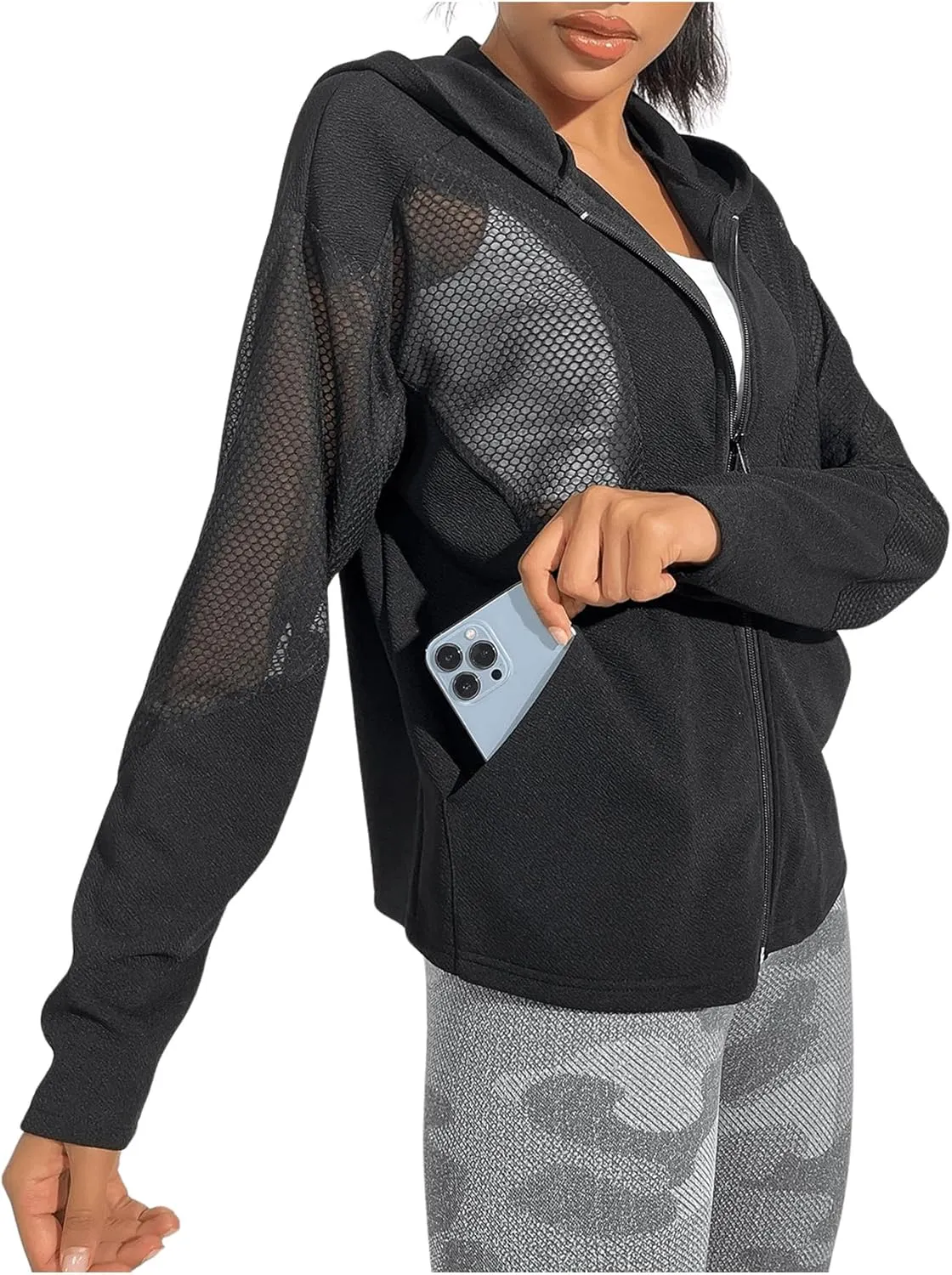 GORGLITTER Women's Zip Up Athletic Hoodies Fishnet Gym Jacket Mesh Lightweight Workout Track Jackets