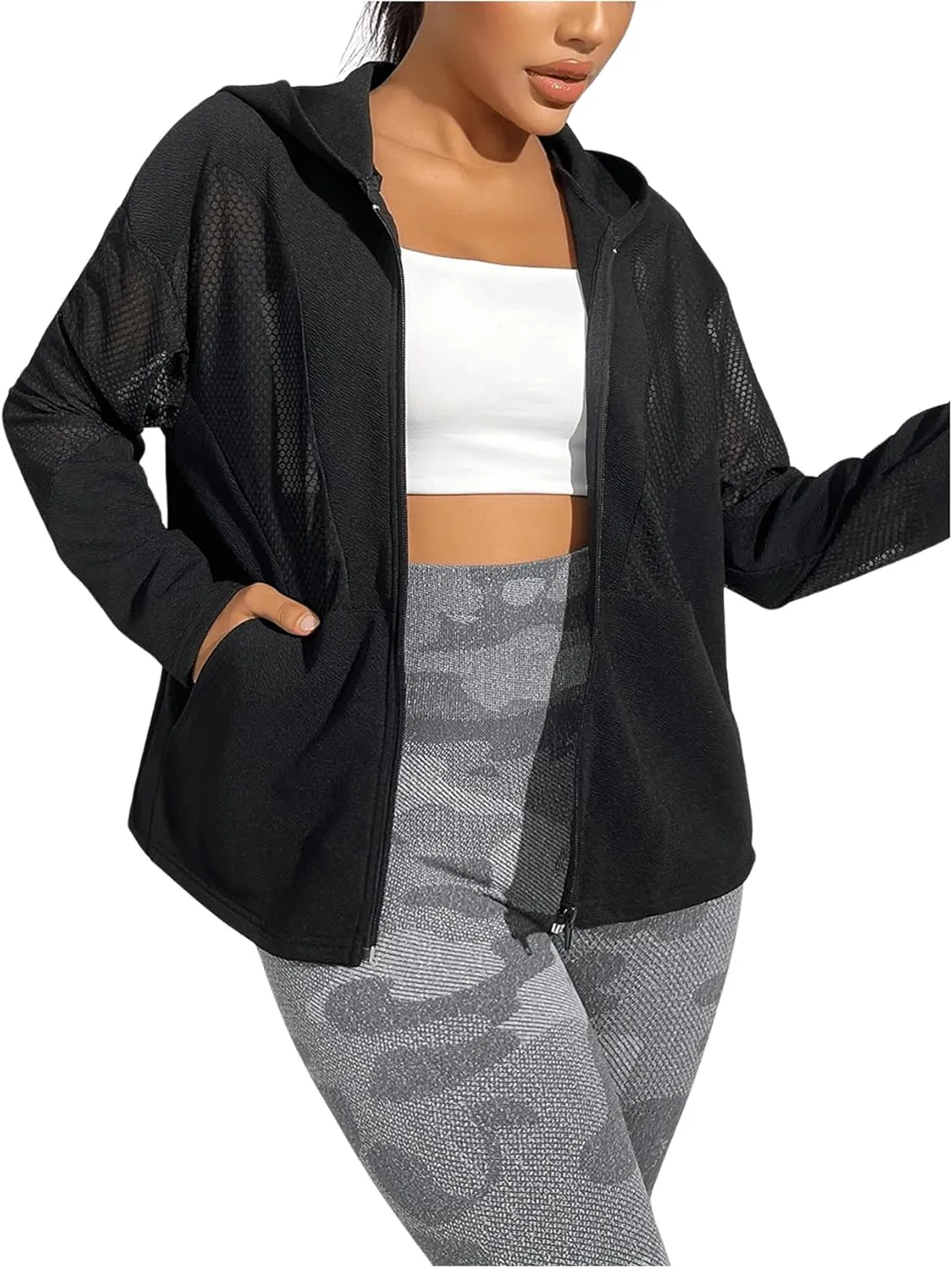 GORGLITTER Women's Zip Up Athletic Hoodies Fishnet Gym Jacket Mesh Lightweight Workout Track Jackets
