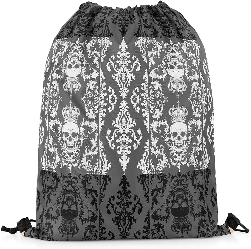 Gothic Skull Drawstring Backpack 13x15.7, Grey White Damask Reversible String Bag, Bohemian Vintage Flowers Sackpack For Swim Yoga, Goth Skeleton Cinch Bags