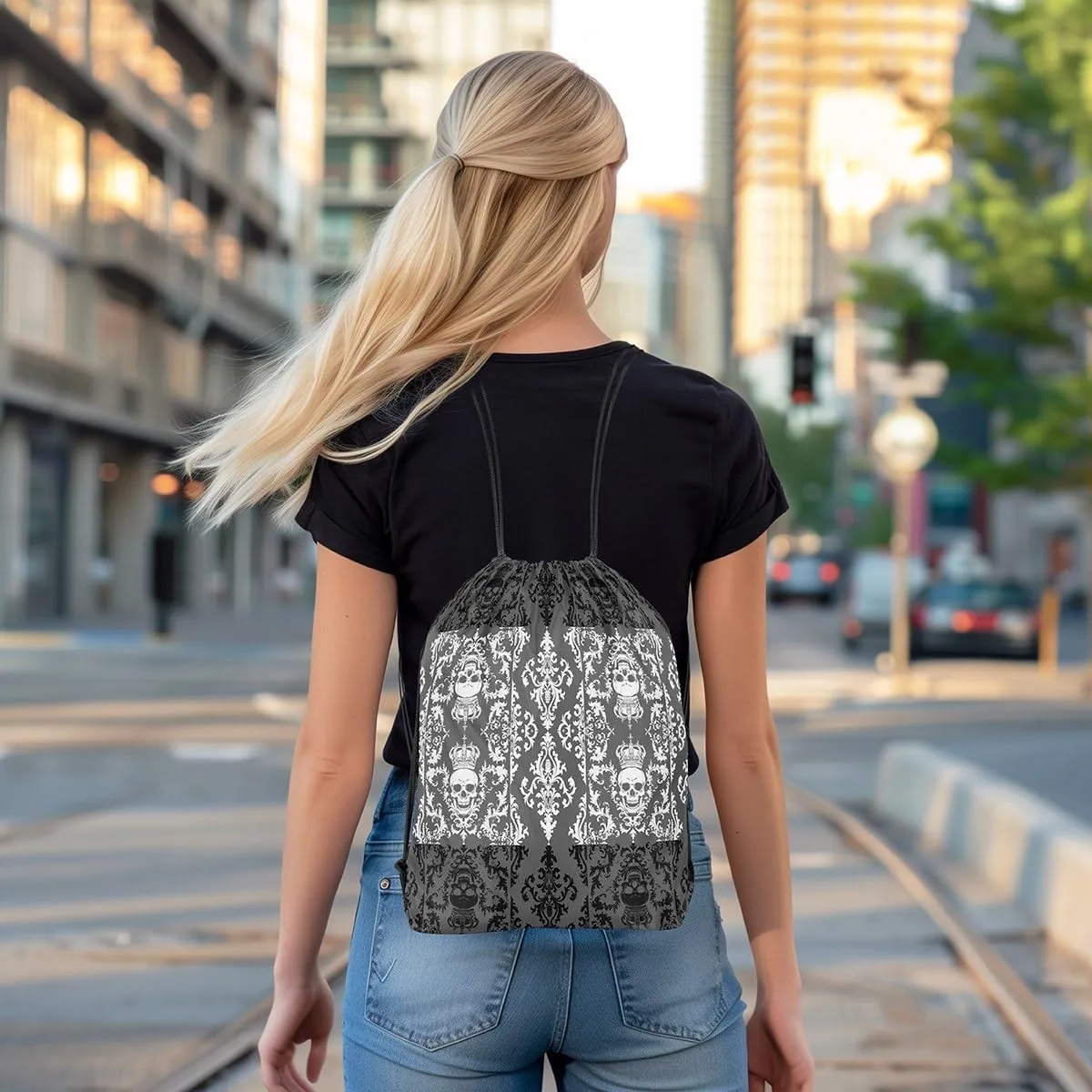 Gothic Skull Drawstring Backpack 13x15.7, Grey White Damask Reversible String Bag, Bohemian Vintage Flowers Sackpack For Swim Yoga, Goth Skeleton Cinch Bags