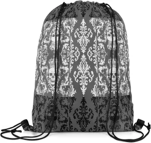 Gothic Skull Drawstring Backpack 13x15.7, Grey White Damask Reversible String Bag, Bohemian Vintage Flowers Sackpack For Swim Yoga, Goth Skeleton Cinch Bags