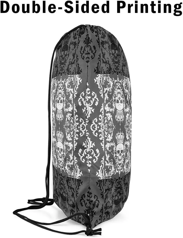Gothic Skull Drawstring Backpack 13x15.7, Grey White Damask Reversible String Bag, Bohemian Vintage Flowers Sackpack For Swim Yoga, Goth Skeleton Cinch Bags