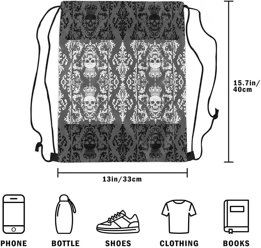 Gothic Skull Drawstring Backpack 13x15.7, Grey White Damask Reversible String Bag, Bohemian Vintage Flowers Sackpack For Swim Yoga, Goth Skeleton Cinch Bags