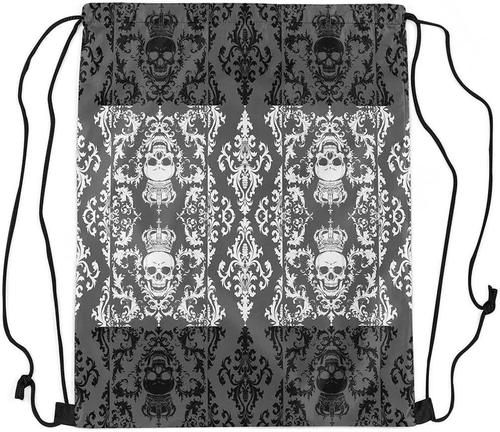 Gothic Skull Drawstring Backpack 13x15.7, Grey White Damask Reversible String Bag, Bohemian Vintage Flowers Sackpack For Swim Yoga, Goth Skeleton Cinch Bags