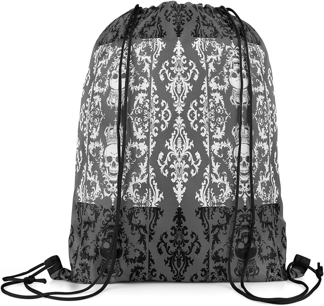 Gothic Skull Drawstring Backpack 13x15.7, Grey White Damask Reversible String Bag, Bohemian Vintage Flowers Sackpack For Swim Yoga, Goth Skeleton Cinch Bags