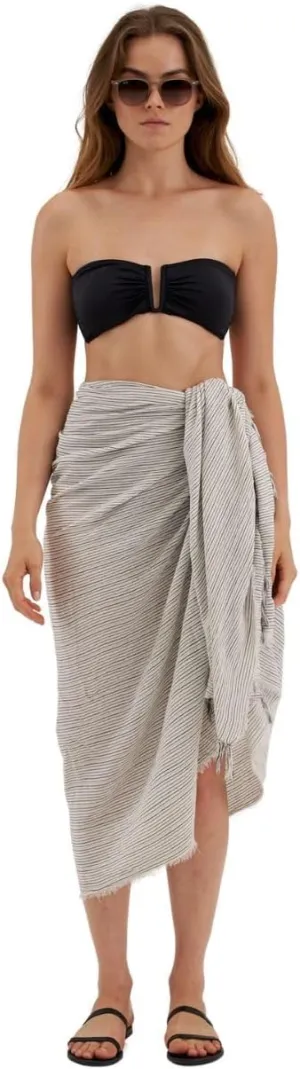 Gottex Beach Life Women's Black Ivory Ocean Cover - Up Sarong Wrap Skirt with Fringed Hem Swimwear Beach Essential