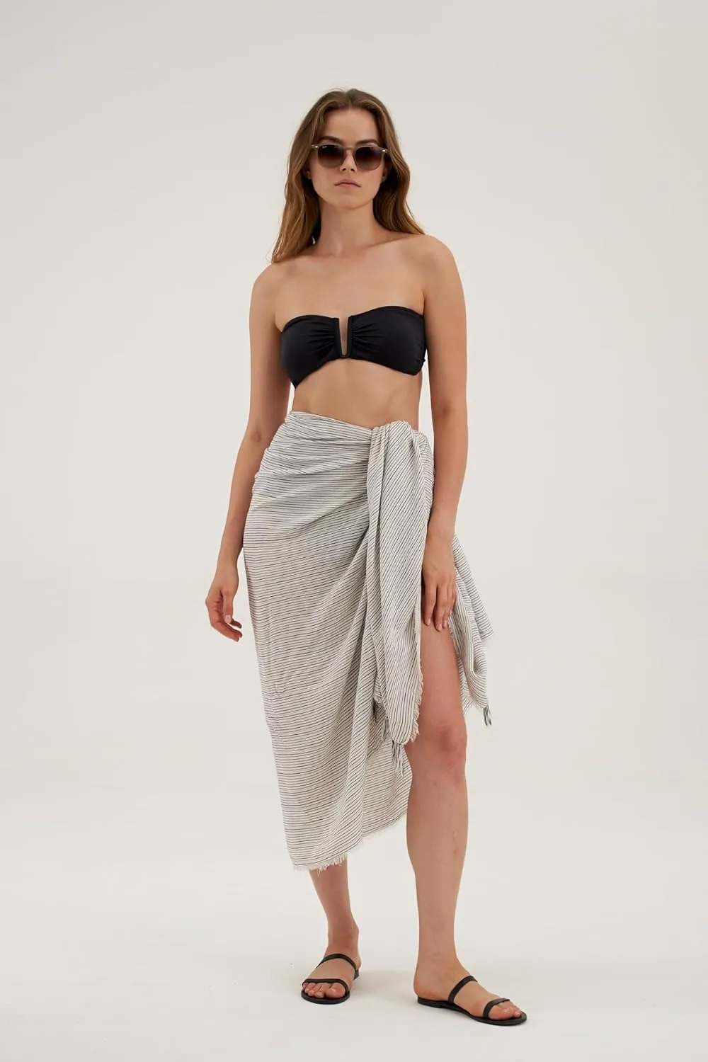 Gottex Beach Life Women's Black Ivory Ocean Cover - Up Sarong Wrap Skirt with Fringed Hem Swimwear Beach Essential