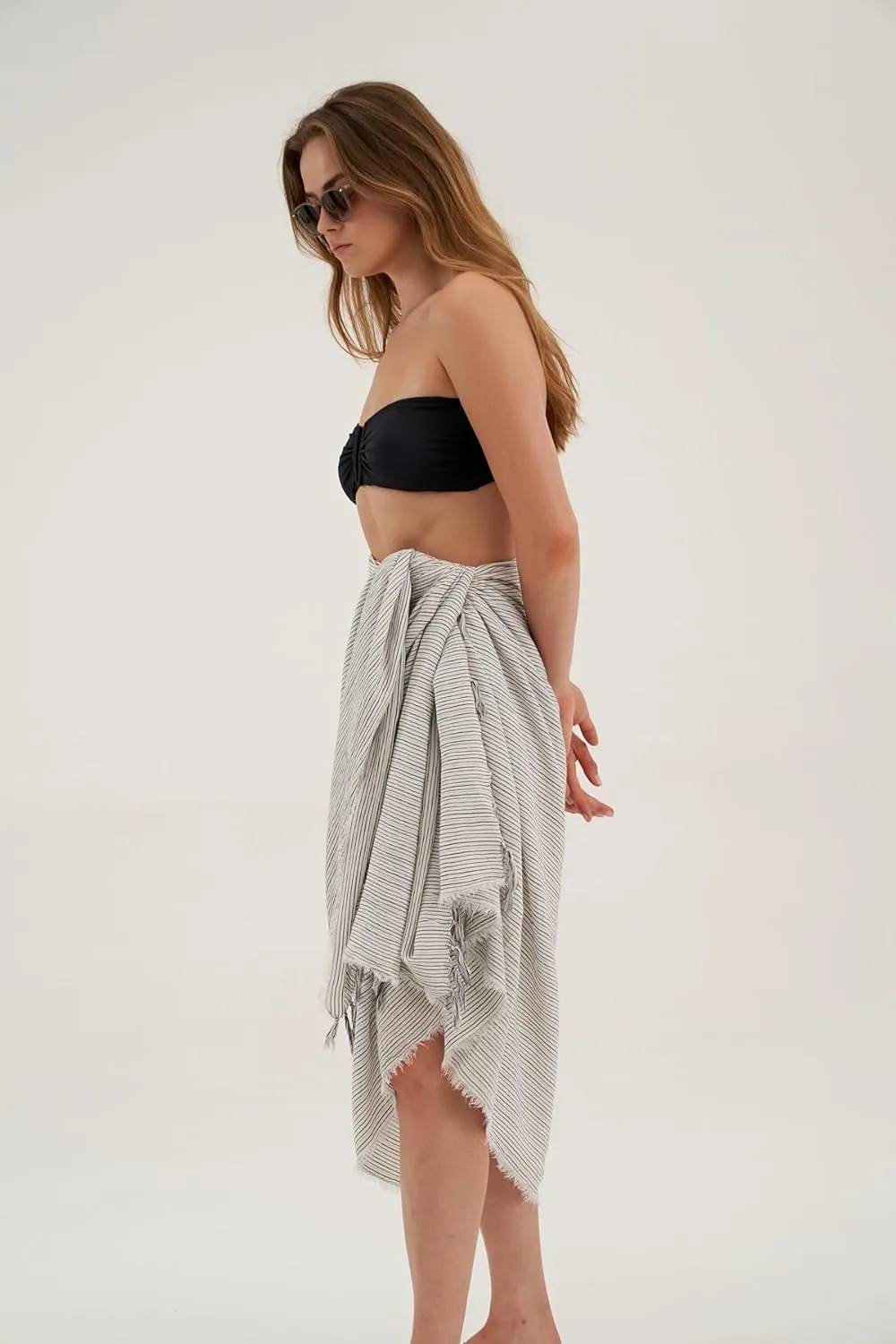 Gottex Beach Life Women's Black Ivory Ocean Cover - Up Sarong Wrap Skirt with Fringed Hem Swimwear Beach Essential