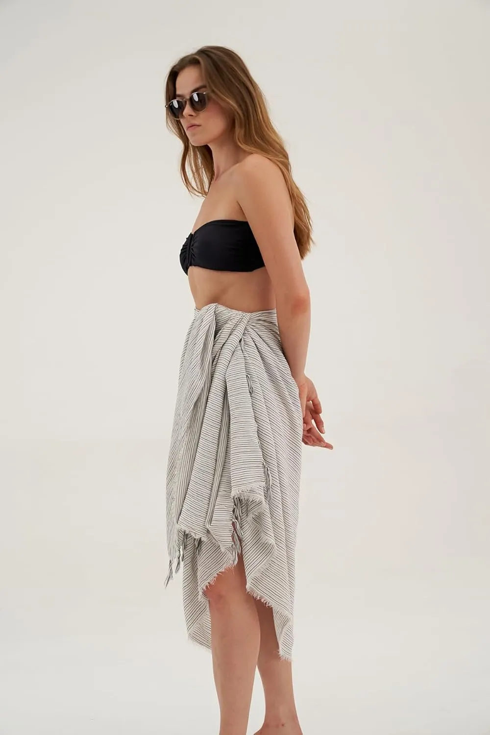 Gottex Beach Life Women's Black Ivory Ocean Cover - Up Sarong Wrap Skirt with Fringed Hem Swimwear Beach Essential