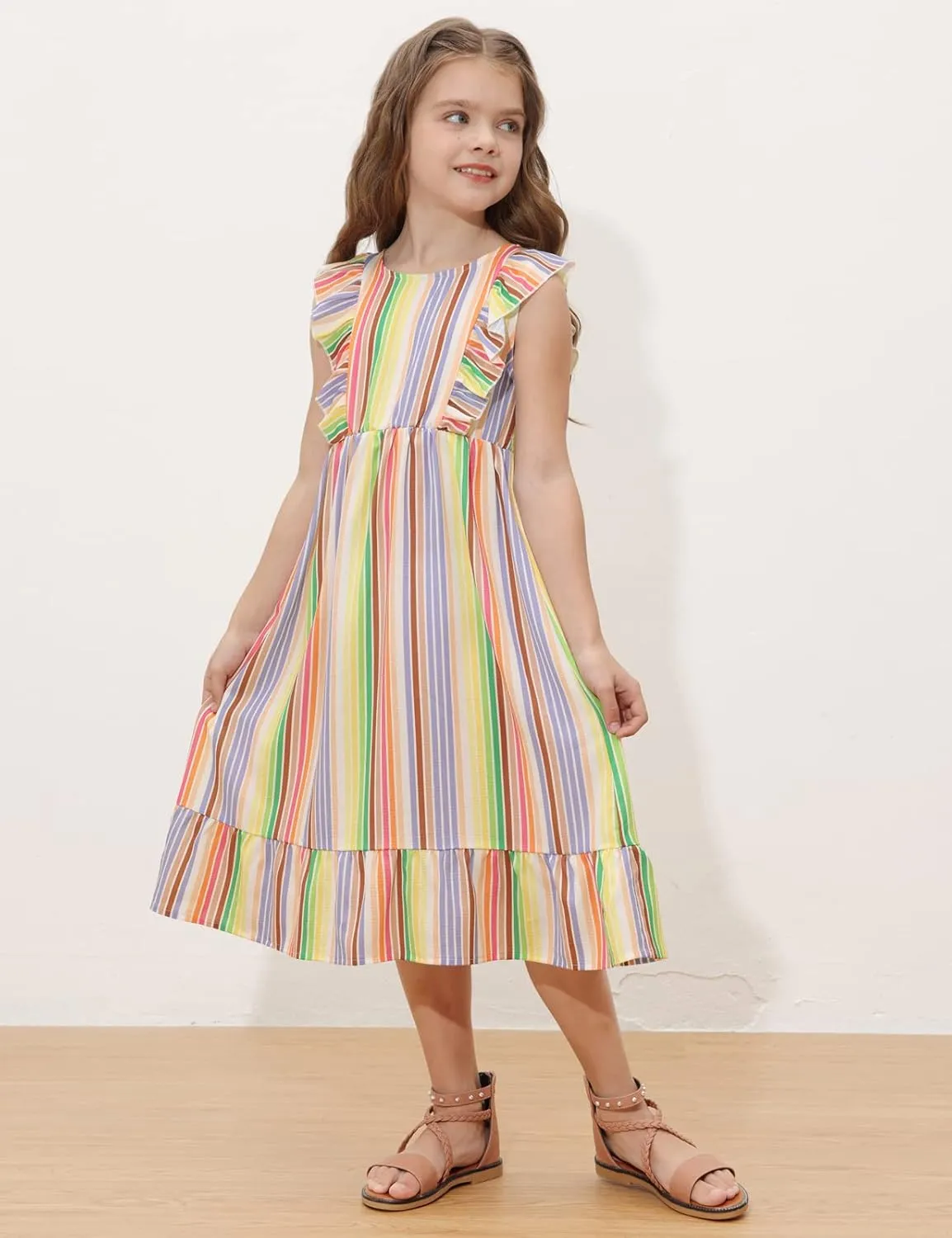 GRACE KARIN Girls Dress Ruffle Sleeve Striped Floral Spring Summer Dress for Kids 6-14Y