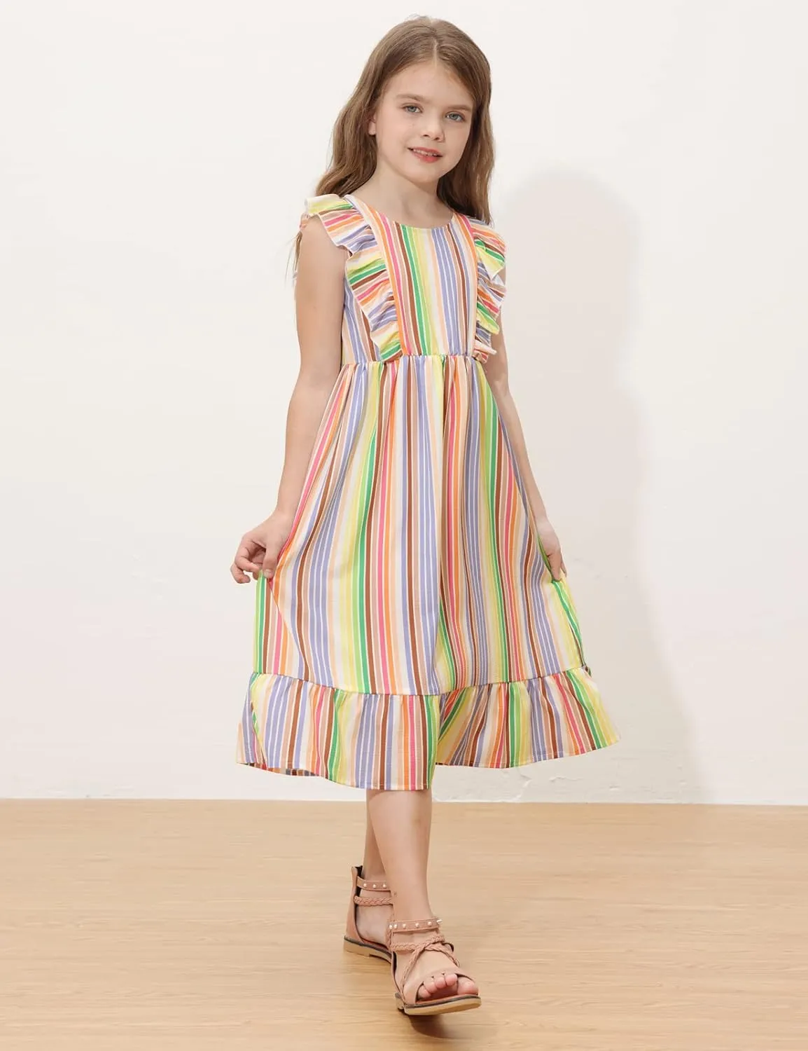 GRACE KARIN Girls Dress Ruffle Sleeve Striped Floral Spring Summer Dress for Kids 6-14Y