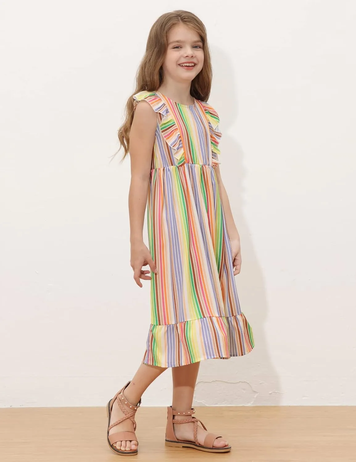 GRACE KARIN Girls Dress Ruffle Sleeve Striped Floral Spring Summer Dress for Kids 6-14Y