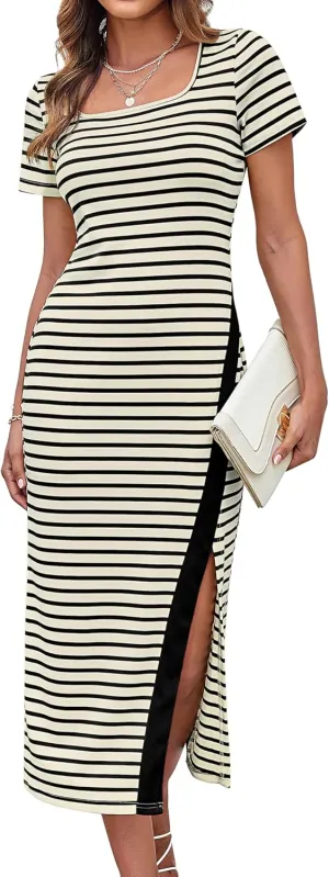 GRACE KARIN Women's 2025 Summer Striped Bodycon Dresses Casual Short Sleeve Square Neck Beach Vacation Long Dress