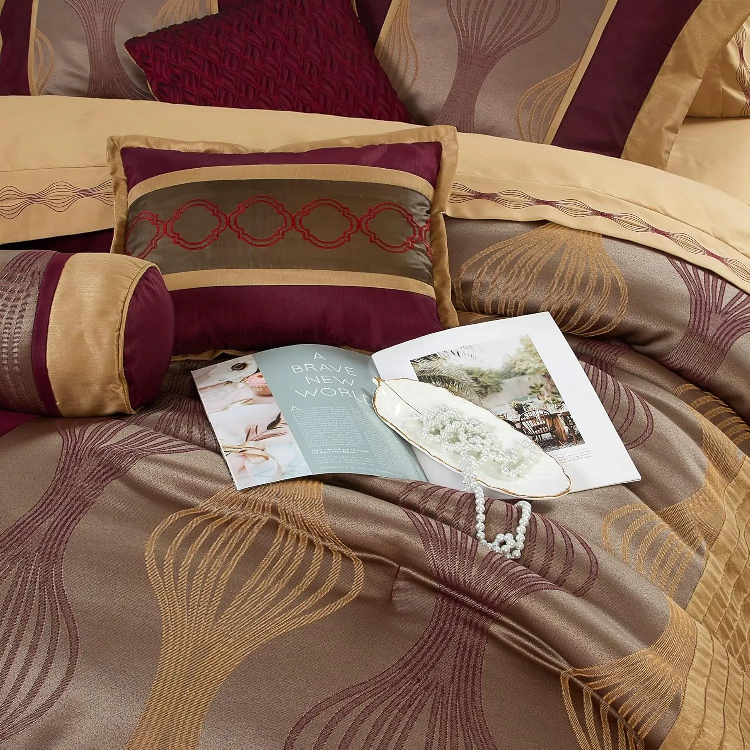Grand Avenue Elegant Wine Gold Comforter Set Queen Size, Striped,15 Piece Room-in-A-Bag, Jacquard Bedding Set, All Season, Matching Decorative Pillows, Pillow Sham, Curtains