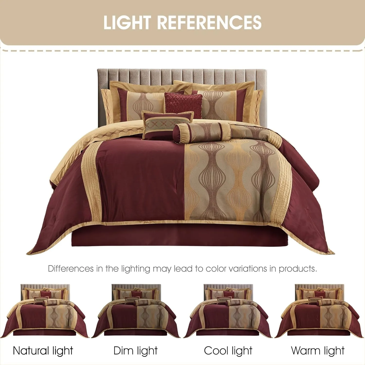 Grand Avenue Elegant Wine Gold Comforter Set Queen Size, Striped,15 Piece Room-in-A-Bag, Jacquard Bedding Set, All Season, Matching Decorative Pillows, Pillow Sham, Curtains