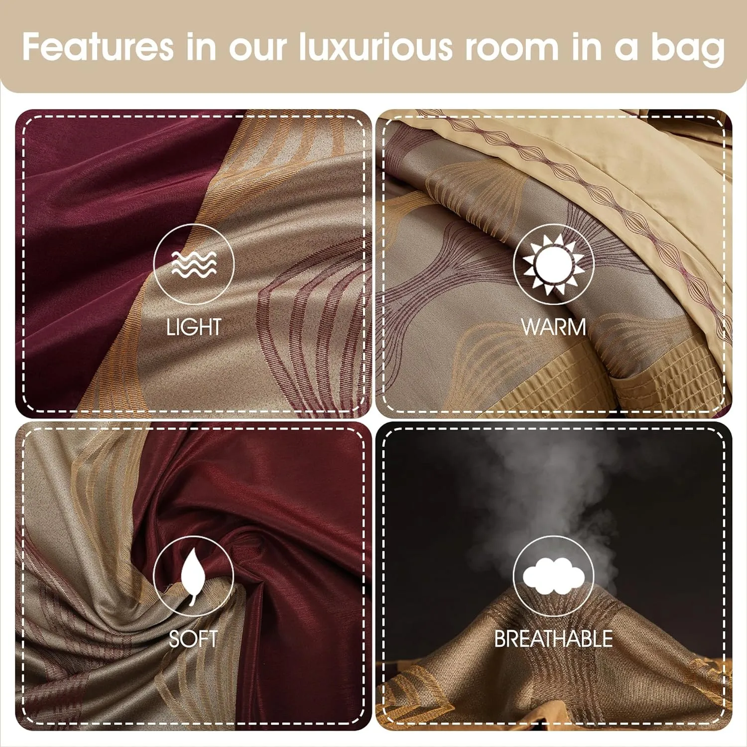 Grand Avenue Elegant Wine Gold Comforter Set Queen Size, Striped,15 Piece Room-in-A-Bag, Jacquard Bedding Set, All Season, Matching Decorative Pillows, Pillow Sham, Curtains