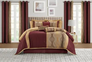 Grand Avenue Elegant Wine Gold Comforter Set Queen Size, Striped,15 Piece Room-in-A-Bag, Jacquard Bedding Set, All Season, Matching Decorative Pillows, Pillow Sham, Curtains
