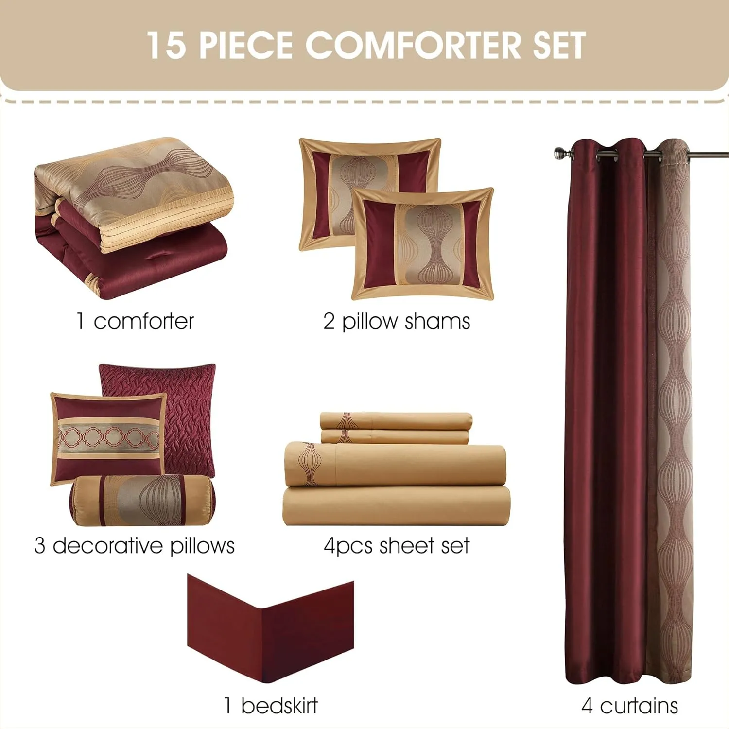Grand Avenue Elegant Wine Gold Comforter Set Queen Size, Striped,15 Piece Room-in-A-Bag, Jacquard Bedding Set, All Season, Matching Decorative Pillows, Pillow Sham, Curtains
