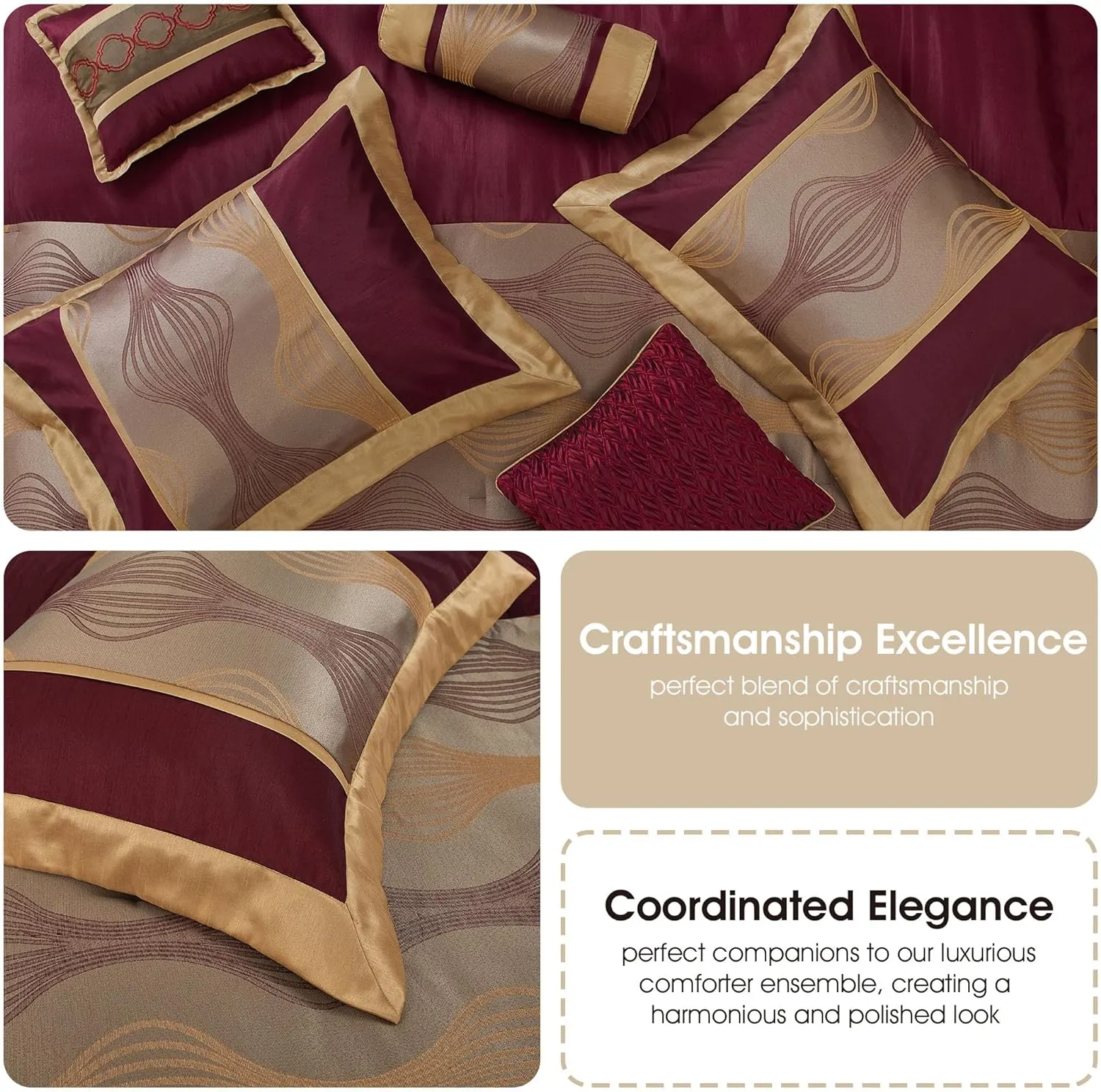 Grand Avenue Elegant Wine Gold Comforter Set Queen Size, Striped,15 Piece Room-in-A-Bag, Jacquard Bedding Set, All Season, Matching Decorative Pillows, Pillow Sham, Curtains