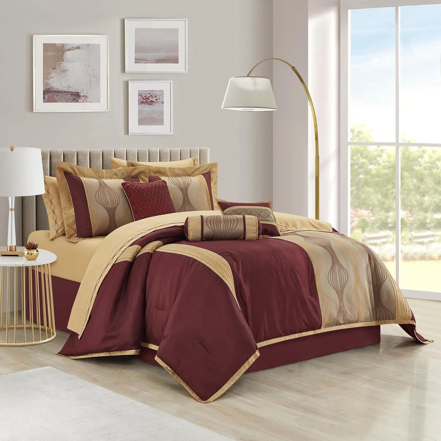 Grand Avenue Elegant Wine Gold Comforter Set Queen Size, Striped,15 Piece Room-in-A-Bag, Jacquard Bedding Set, All Season, Matching Decorative Pillows, Pillow Sham, Curtains