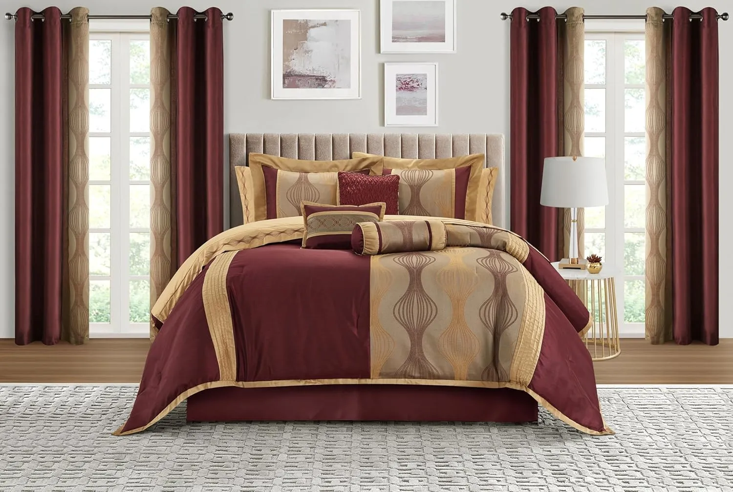 Grand Avenue Elegant Wine Gold Comforter Set Queen Size, Striped,15 Piece Room-in-A-Bag, Jacquard Bedding Set, All Season, Matching Decorative Pillows, Pillow Sham, Curtains
