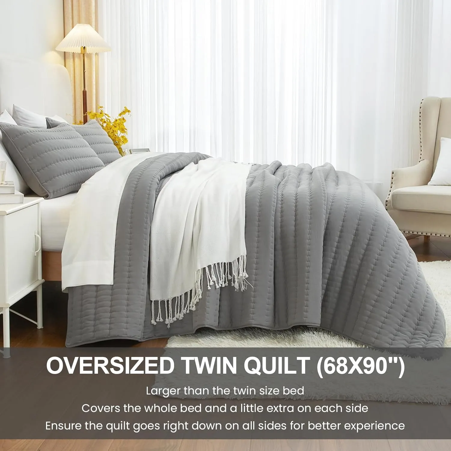 Gray Twin Size Quilt Bedding Set, Reversible Lightweight Bed Spreads Oversized Twin Quilted Bedspread for All Seasons, Soft Washable, 2 Pieces, 1 Quilt (68x90 in) & 1 Pillow Sham (20x26 in)