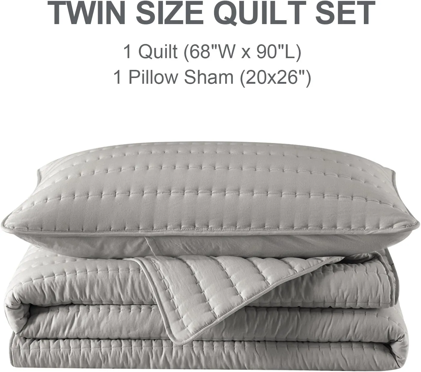 Gray Twin Size Quilt Bedding Set, Reversible Lightweight Bed Spreads Oversized Twin Quilted Bedspread for All Seasons, Soft Washable, 2 Pieces, 1 Quilt (68x90 in) & 1 Pillow Sham (20x26 in)