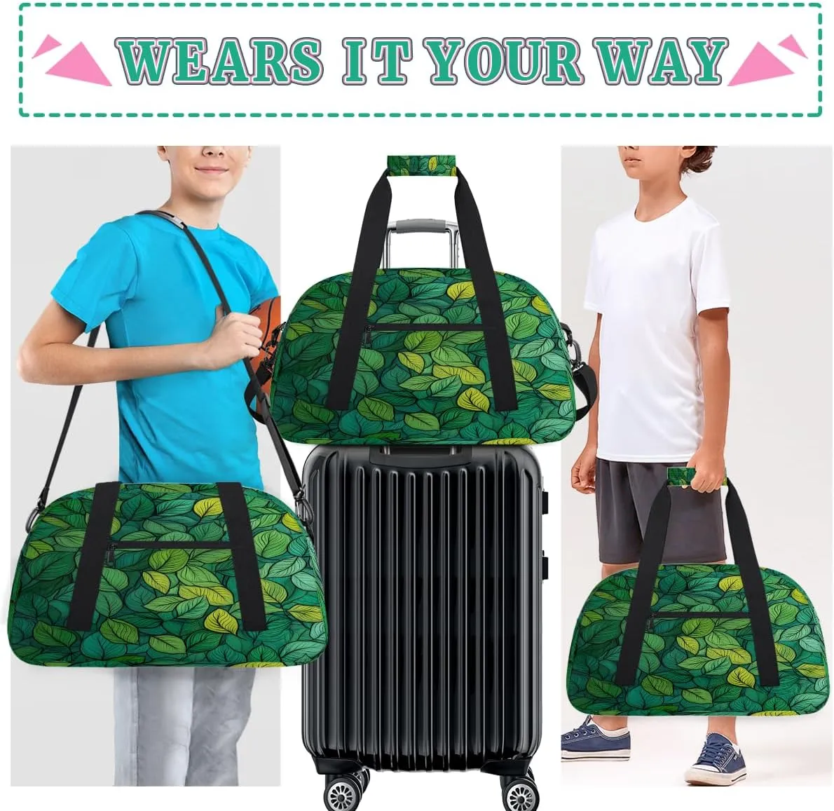 Green Leaf Kids Overnighter Duffel Bags for Boys, Carry-On Size Sports Gym Bag with Front Zipper Pocket for School Practice or Overnight Travel Weekender Sleepover Tote Bag