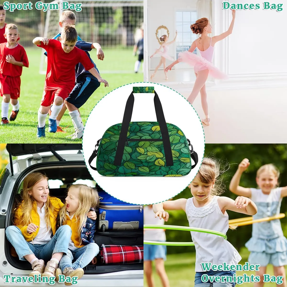 Green Leaf Kids Overnighter Duffel Bags for Boys, Carry-On Size Sports Gym Bag with Front Zipper Pocket for School Practice or Overnight Travel Weekender Sleepover Tote Bag