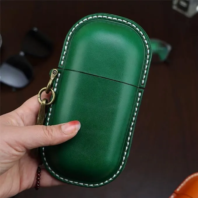 Green Leather Eyeglass Case - Handmade Hard Shell Protection