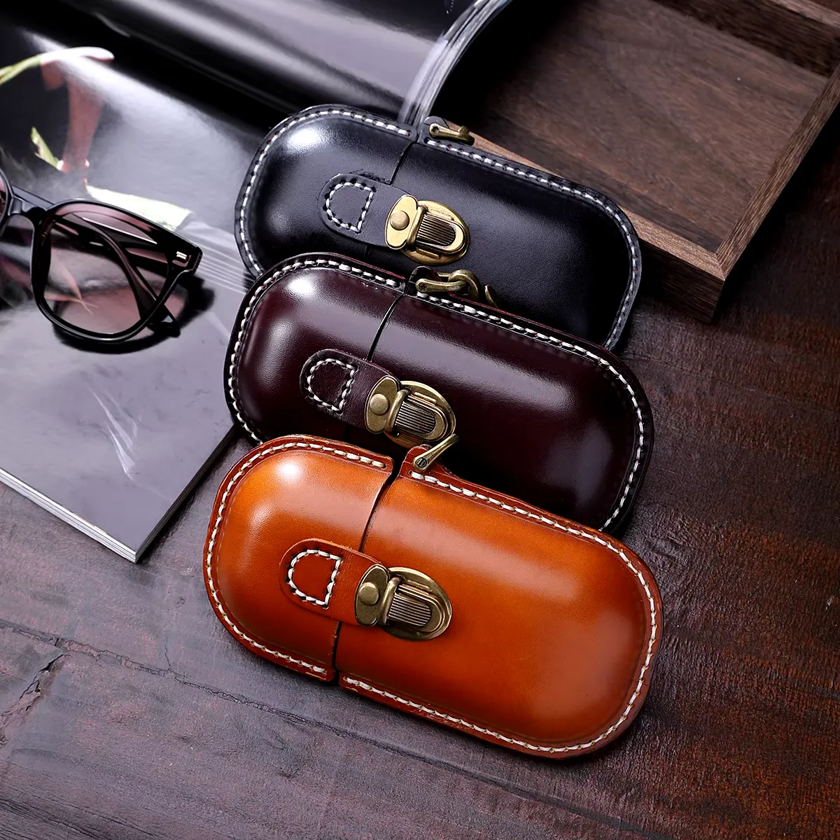 Green Leather Eyeglass Case - Handmade Hard Shell Protection