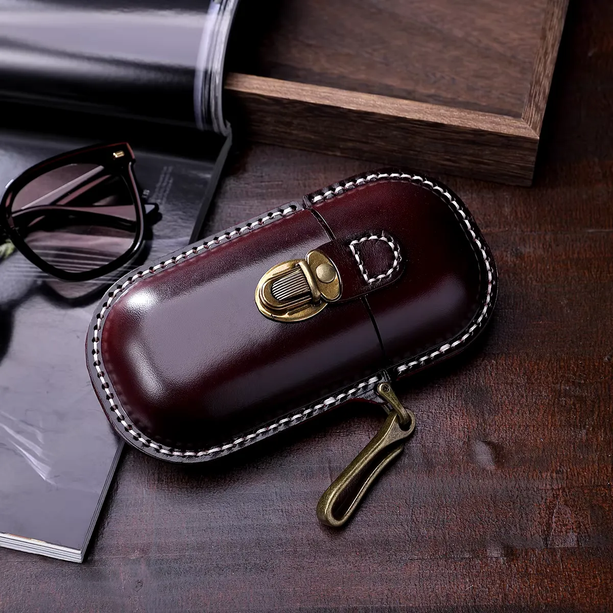 Green Leather Eyeglass Case - Handmade Hard Shell Protection