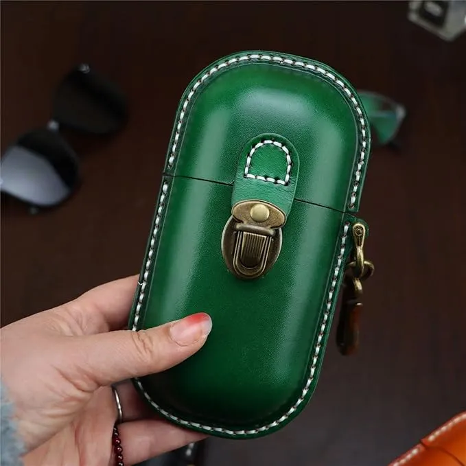 Green Leather Eyeglass Case - Handmade Hard Shell Protection