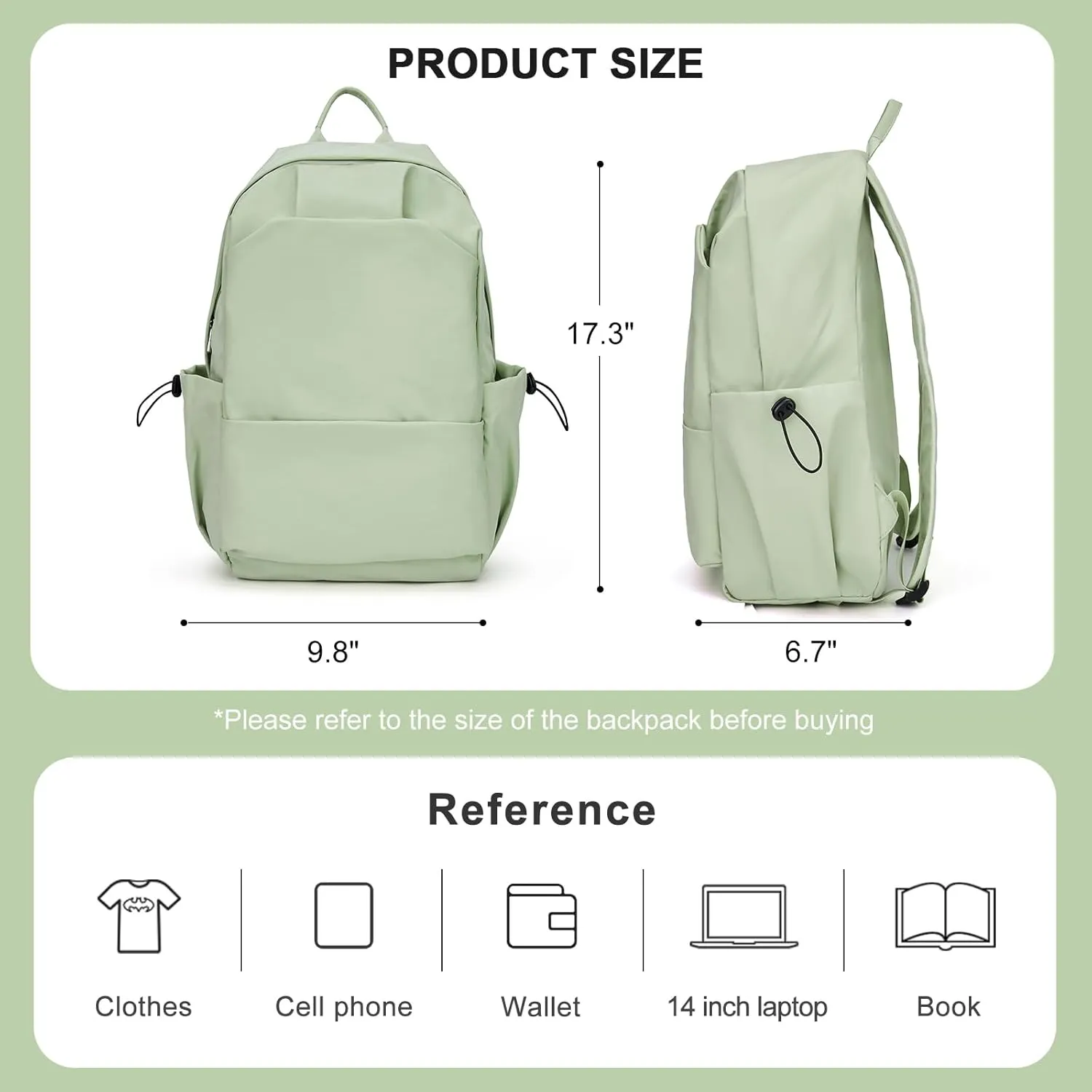 Green Small Simple School Backpack for Women & Men - Waterproof Gym & College Bookbag