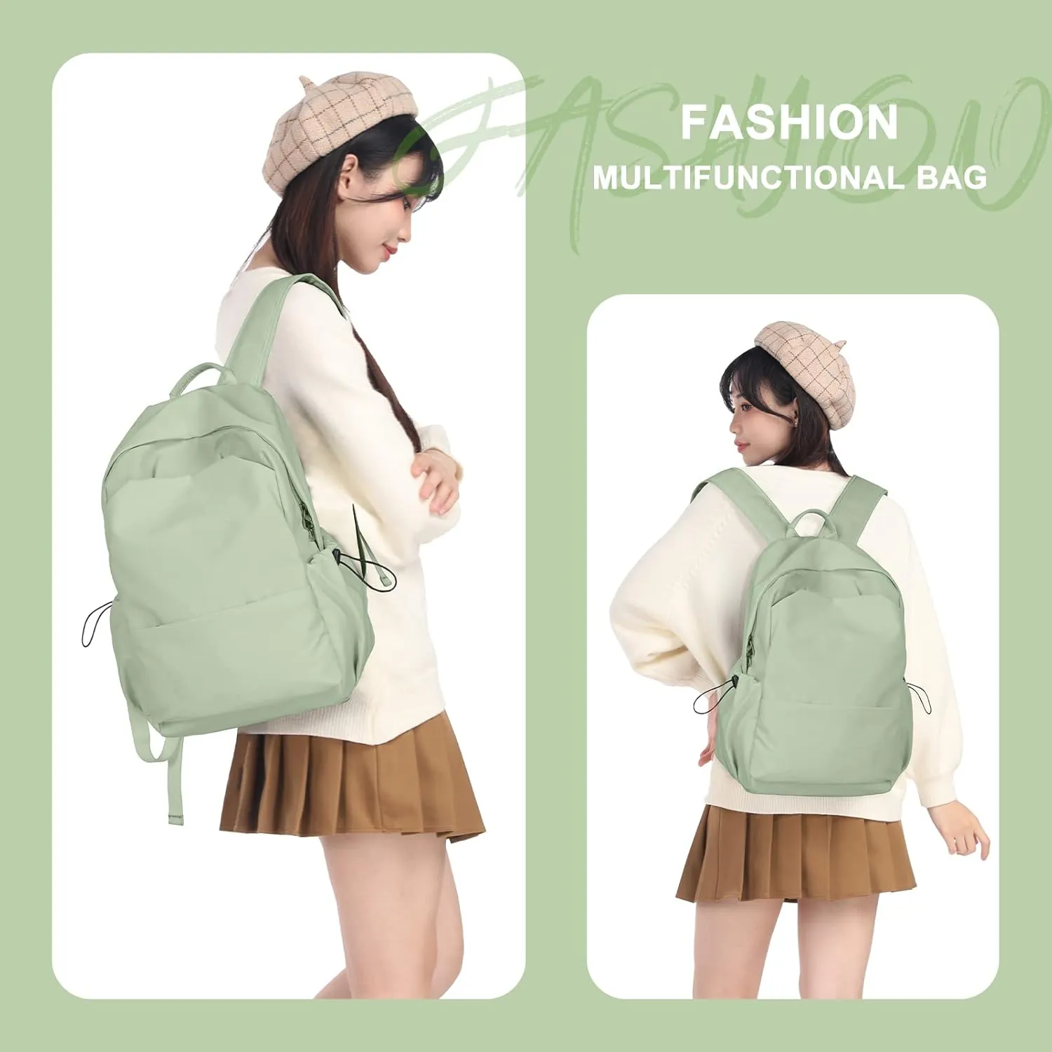 Green Small Simple School Backpack for Women & Men - Waterproof Gym & College Bookbag
