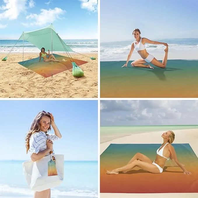 Green Yellow Gradient Beach Blanket Sandproof, Large 78"×86" Beach Mat Sand Free Waterproof Fits 4 Adult, Compact Quick Dry Polyester Outdoor Picnic Blanket with Stakes for Travel, Camping, Hiking