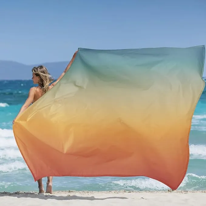 Green Yellow Gradient Beach Blanket Sandproof, Large 78"×86" Beach Mat Sand Free Waterproof Fits 4 Adult, Compact Quick Dry Polyester Outdoor Picnic Blanket with Stakes for Travel, Camping, Hiking