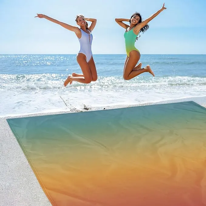 Green Yellow Gradient Beach Blanket Sandproof, Large 78"×86" Beach Mat Sand Free Waterproof Fits 4 Adult, Compact Quick Dry Polyester Outdoor Picnic Blanket with Stakes for Travel, Camping, Hiking
